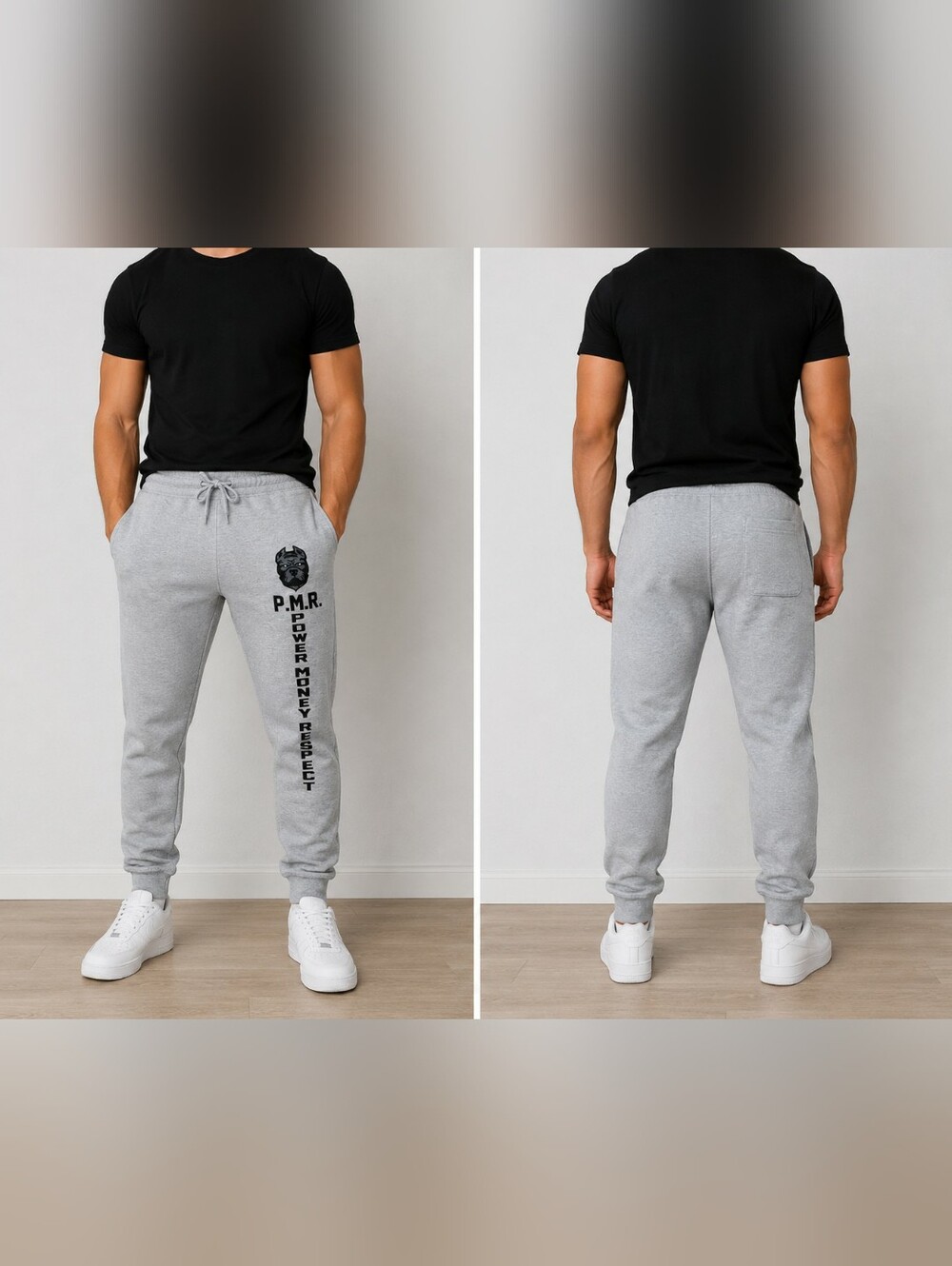 Gray Men's Joggers with Vertical 'Power Money Respect' Graphic - PMR